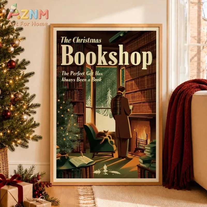 Vintage Christmas Bookshop Canvas Wall Art Retro Reading Lovers Poster Winter Xmas Holiday Wall Print Unframed Canvas Poster