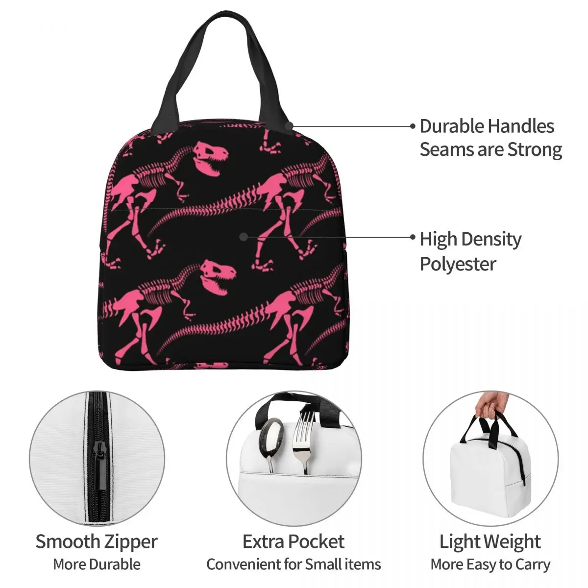 Pink Dinosaur Fossils Unearthed Insulated Lunch Bag for Women Office Cooler Thermal Food Box Tote Portable Lunch Boxes Container view 4