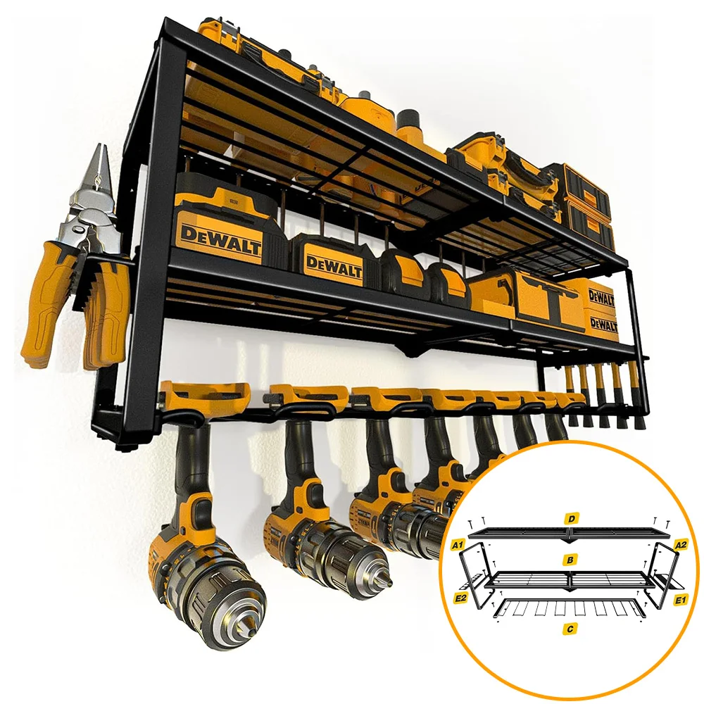 電動工具収納ラック 壁掛け式 ハードウェア ドライバー レンチ ドリル ヘビーデューティー 厚型棚 ワークショップ用 金属製ツールラック