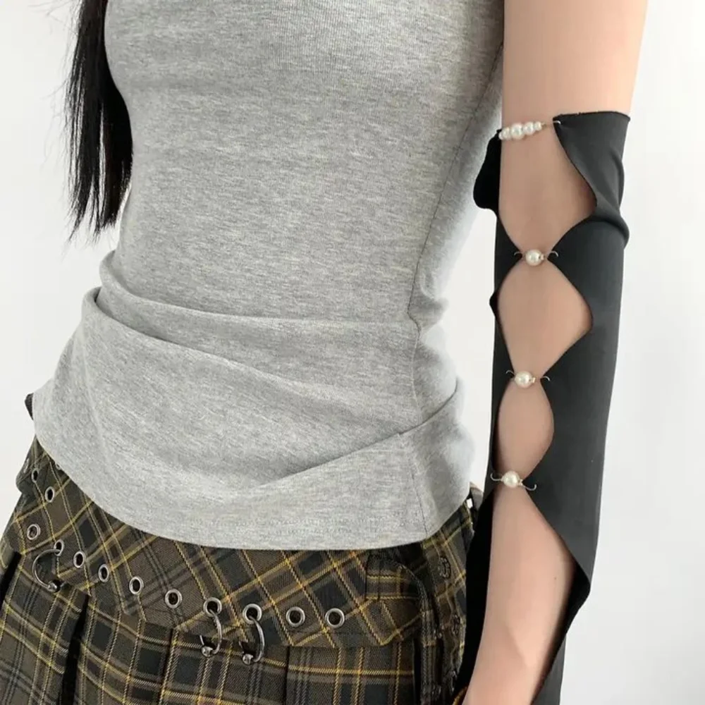 

UV Protection Cool Black Punk Arm Sleeves Thin Springy Pearl Half Finger Arm Cover Y2K Leg Socks Hollowed Calf Sleeve Summer