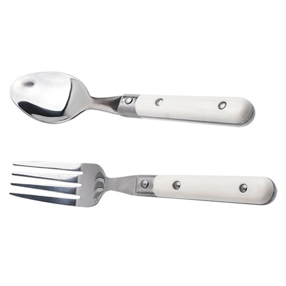 2 Pcs Children's Fork and Spoon Flatware Kid Eating Cutlery Tableware Plastic Stainless Steel Lovely