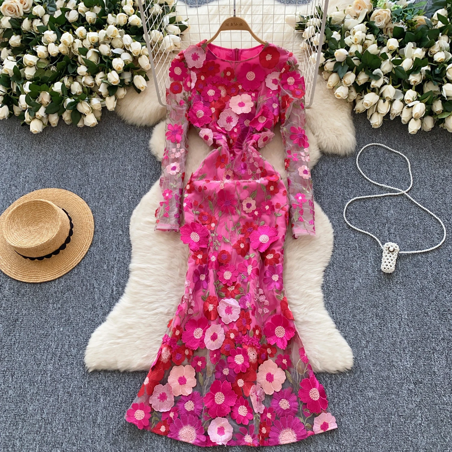 

ALPHALMODA 2025, Spring Dress, French Style, Three-dimensional Flower, Embroidery, Long-sleeved, Slim, Mermaid Dress, for Women