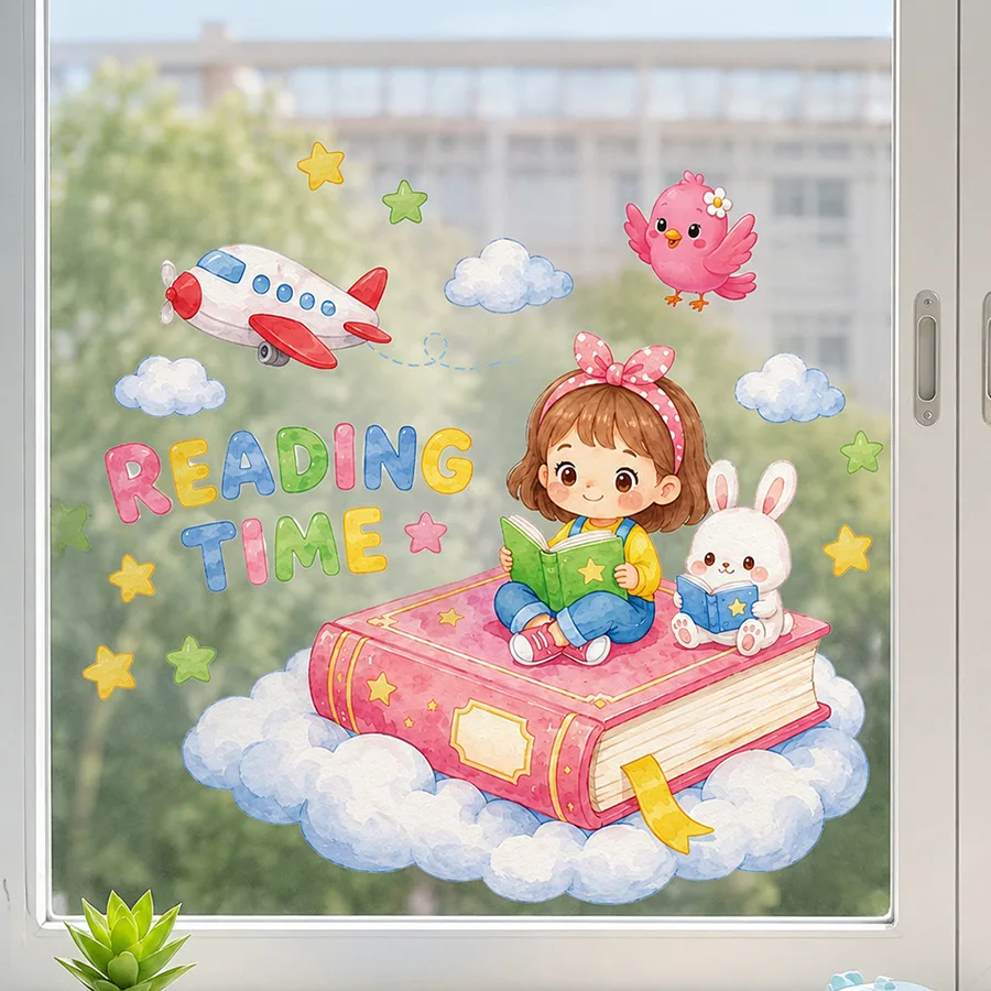 Reading Girl Window Clings, Cozy Reading Corner Decor Sticker, Cartoon Kid Rabbit Airplane Pattern For Wall Decals