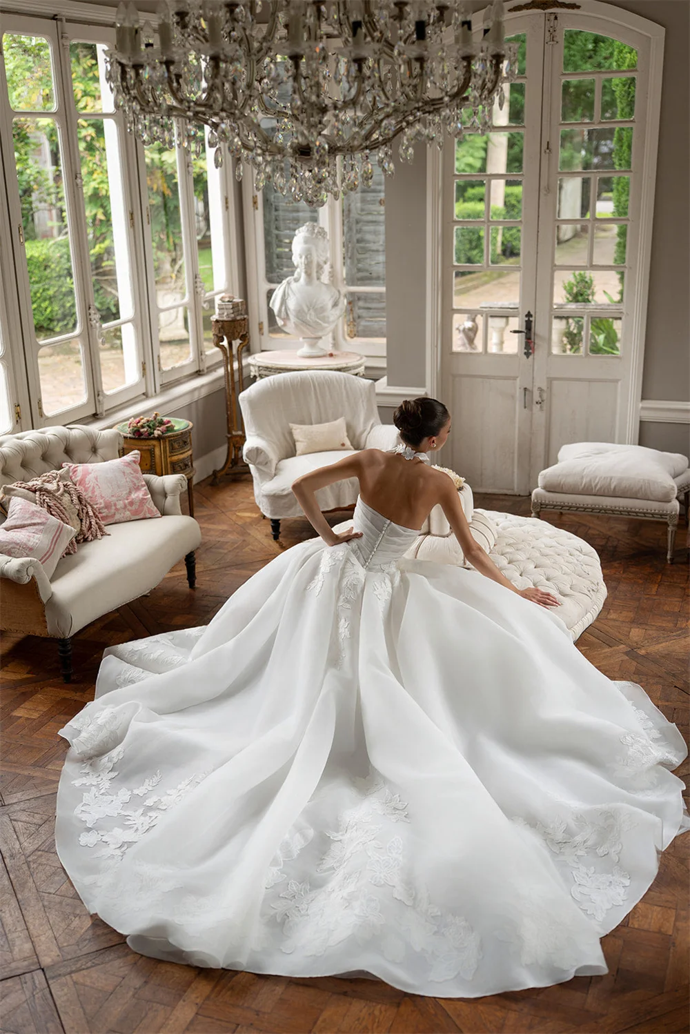 Customized White 3D Floral Appliqué Strapless A-Line Wedding Dress, Zip Back High Slit Organza Elegant Custom Fit Bridal Gown