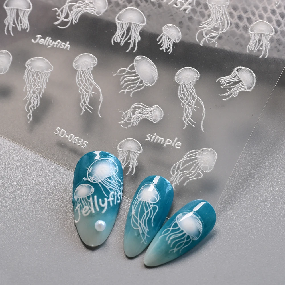 Adesivi per unghie meduse in rilievo 5D Vita sull'oceano Glitter Meduse bianche Decalcomania per nail art 8 * 10 cm Meduse autoadesive per unghie