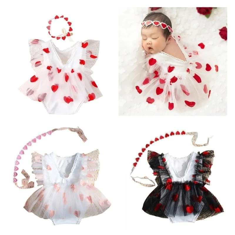 J15U Photo Clothes Newborns Photography Props Baby Costume Clothing Embroidery Heart Pattern Headband & Romper Outfit