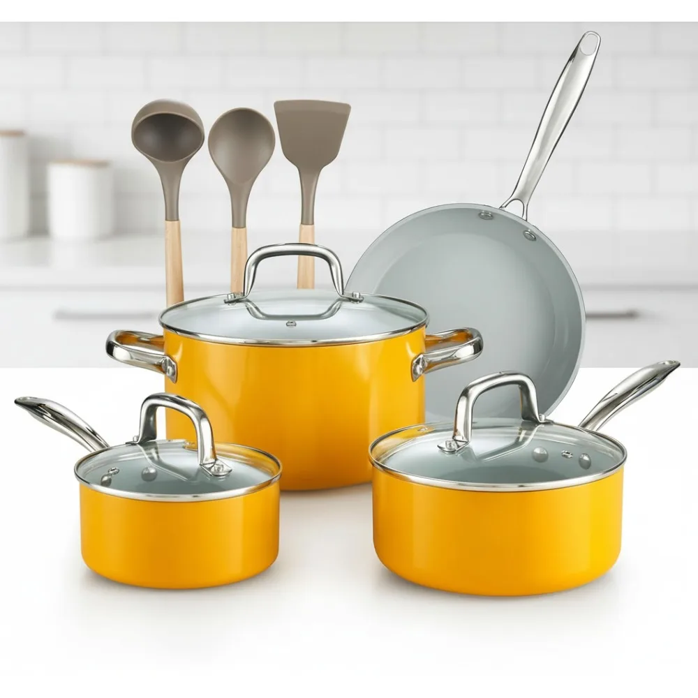 

10-Piece Nonstick Ceramic Cookware Set, Induction Compatible Pots & Pans with Utensils, Yellow Kitchen Upgrade