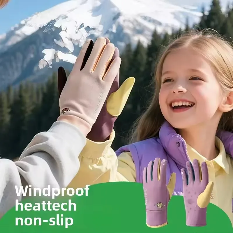 قفازات ركوب الخيل الدافئة والرياح للأطفال للأولاد والبنات قفازات رياضية خارجية سميكة ودافئة مطبوعة برسوم كارتونية