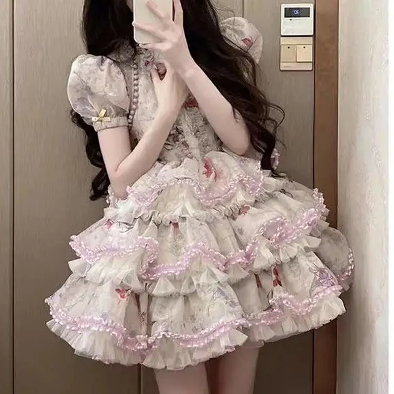 High End Vintage Lace Ruffle Bowknot Organza Puffy Bubble Sleeves Lovely Lolita Princess Dress Cross dresser Sissy Maid Cosplay