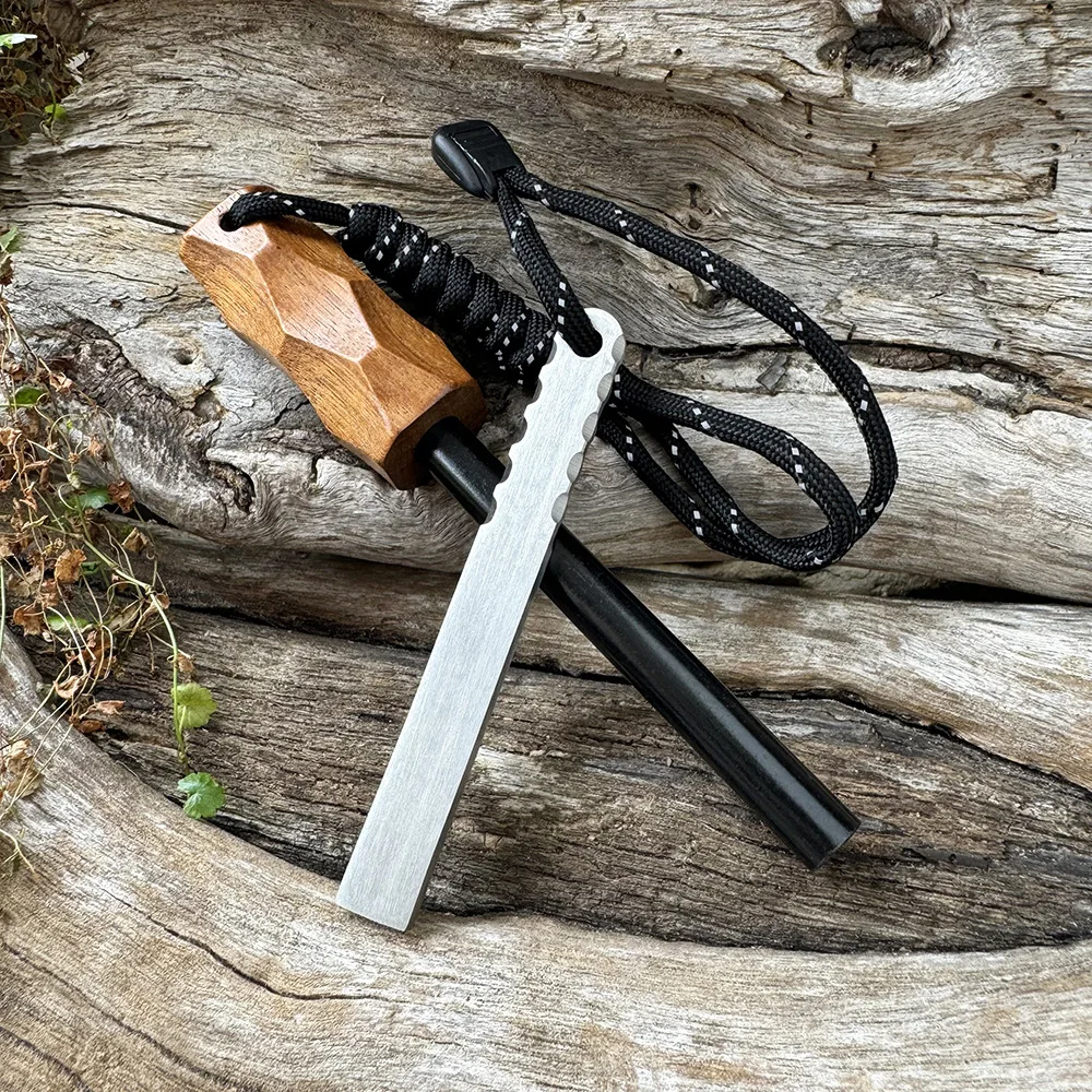 

Solid Wood Handle Outdoor Fire Rod Wilderness Survival Fire Stone Solid Magnesium Rod with Scraper Convenient Camping Tool EDC
