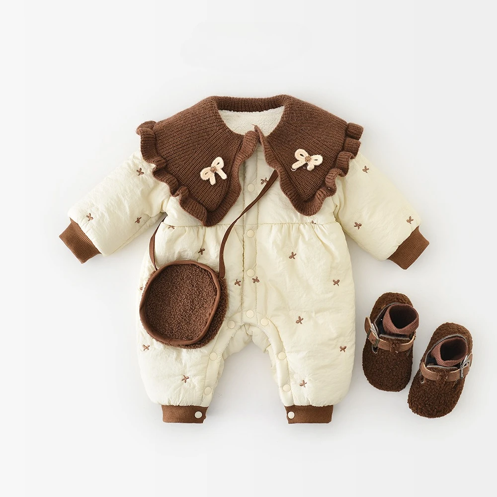 

Baby Warm Jumpsuit 2025 Winter New Bow Embroidery Plus Velvet Baby Girl's One Piece Clothes Thicked Climbing Clothes