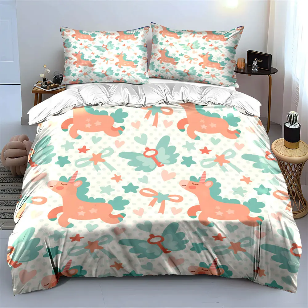 Cute Unicorn and Stars Pattern Bedding Set for Kids Luxury Gift 3pcs Digital Print Comforter Set Soft Comfortable Breathable