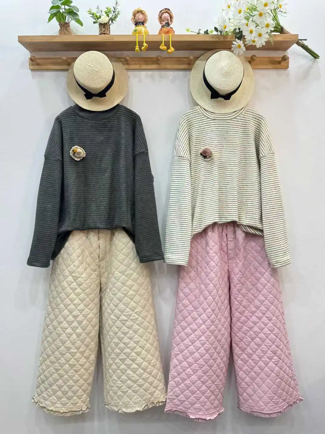 신상품 2025 겨울용 면 패딩 와이드 팬츠, 여성용 신축성 있는 허리 다이아몬드 그리드, 모리 걸 레트로 캐주얼 두꺼운 바지 B5D857CC