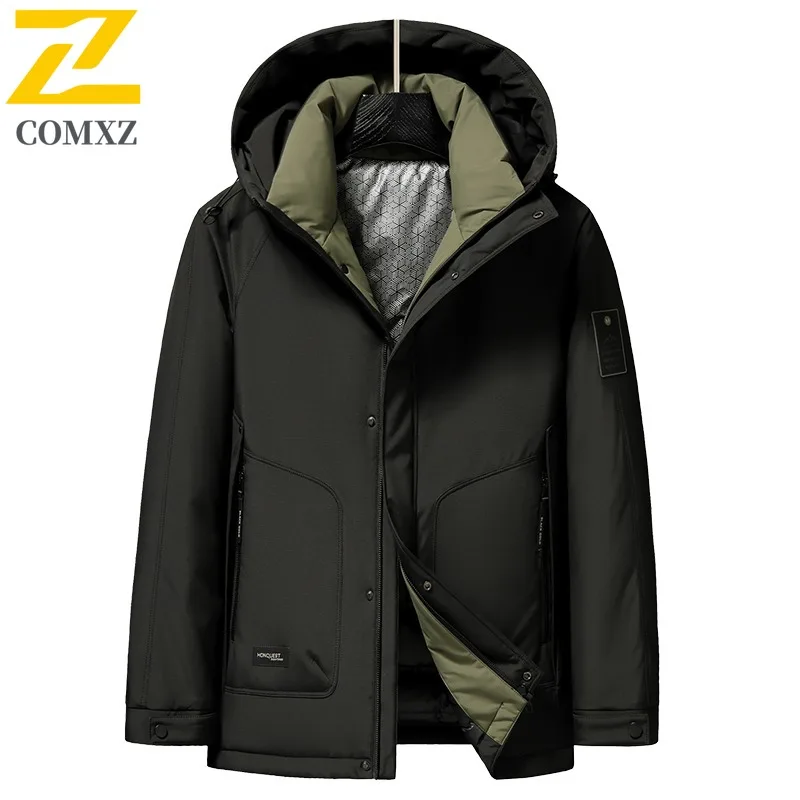 COMXZ Men Down Jacket 2025 New Outdoor Mountaineering Warm Windproof Coat Fashion Hooded Camping Cold Protection Winter Garment