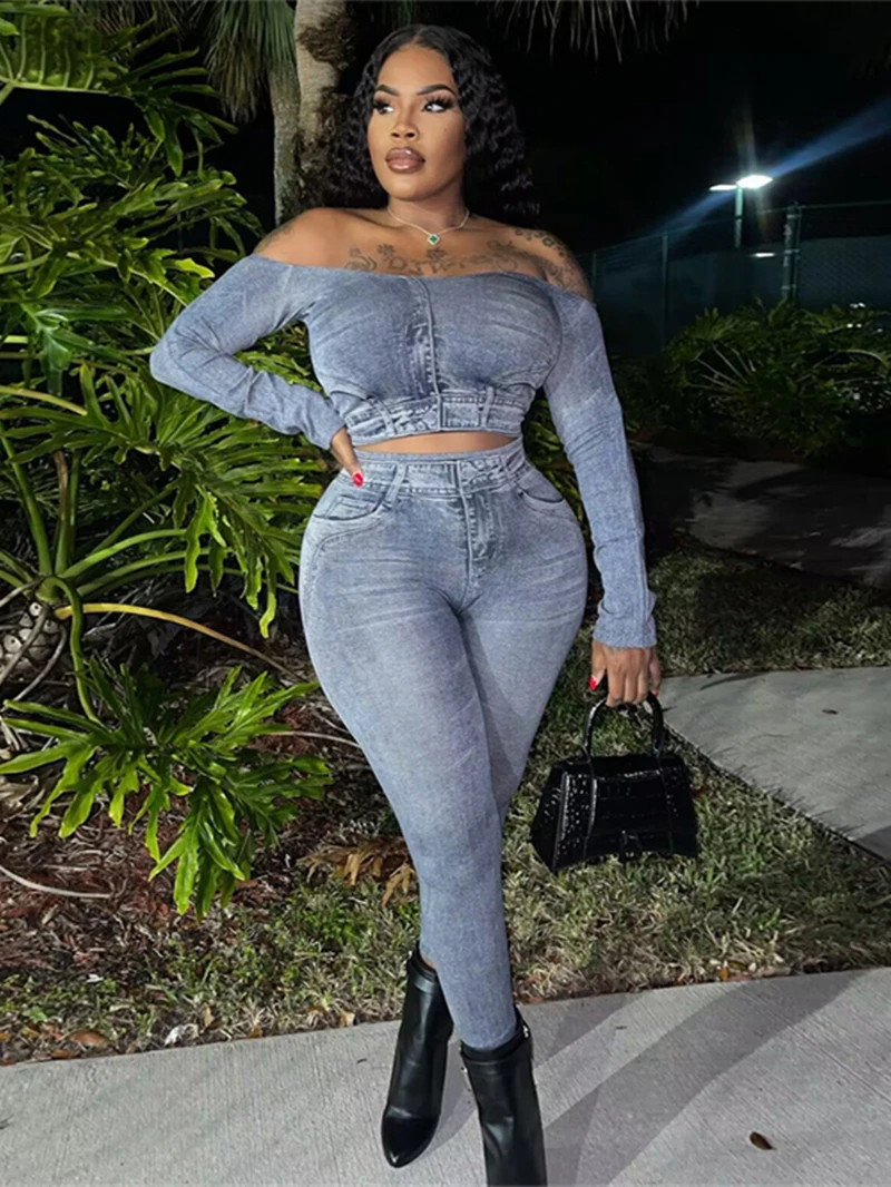 Faux Jean imprimé 2 pièces pour femmes, tenue d'automne, épaules dénudées, haut court, pantalon slim, survêtement décontracté