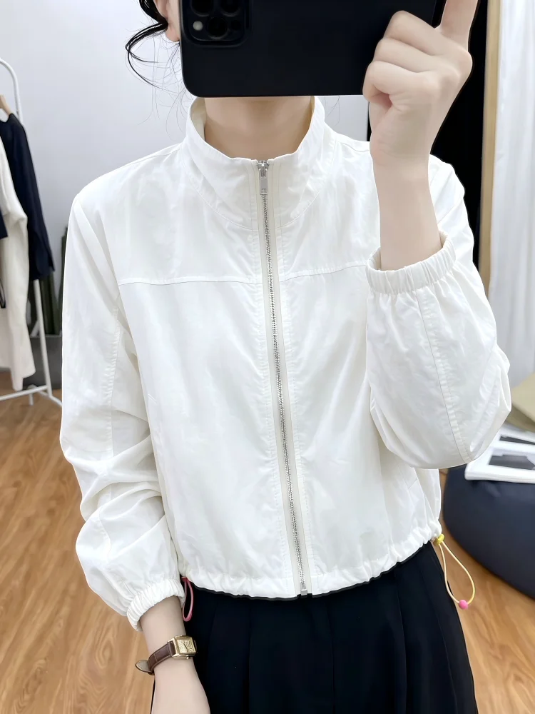 Summer 2026 Women's Short Length Thin Sun Protection Long Sleeve Drawstring Label Fitted Top Small Size Commute Style Outerwear