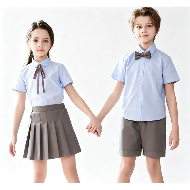 Children Summer Kindergarten School Uniforms Girls Pleated Skirts JK Suit Boys Shirt Shorts Bowtie Wedding Performance Costume