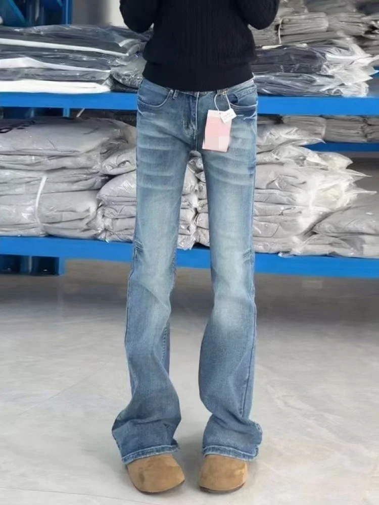 American Sle Vintage Straight Leg Jeans Women's Slim Fit Low Waist Bell Bot Casual Wear Durable Denim Fabric Spring Col...
