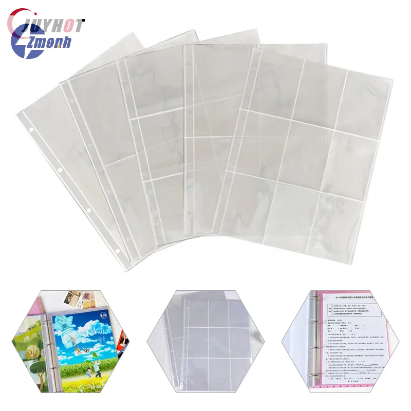 New！10Pcs A4 Clear Photo Album Refill Pages File Protector 4 Holes 9 Ring Binder for Photocards Cards Notebook