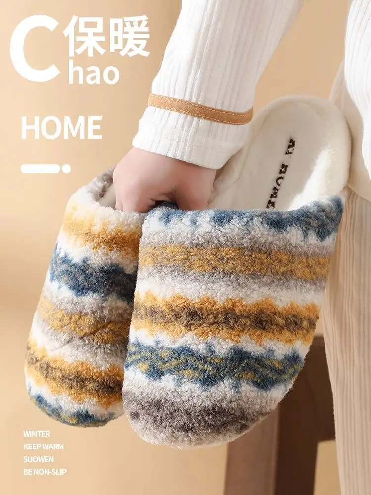 

Unisex Home Slippers 2025 Autumn Winter Women's Men's Couple Plush Slippers Retro Plaid Warm Non Slip Mute Indoor Slippers