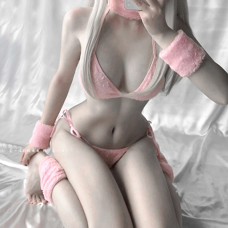 Sweet Pink Bunny Girl Bikini Underwear Erotic Outfit Woman Bra Thong Kawaii Doggy Uniform Anime Cosplay Costume Rabbit Sexy Body