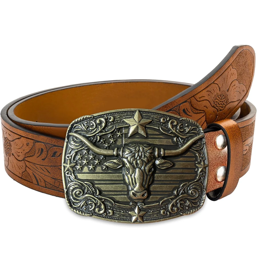 Men's and Women's Denim Western Belt, Men's Denim Western Belt, Embossed Belt, Bull Buckle, Suitable for Jeans, Holiday Gift, Ch