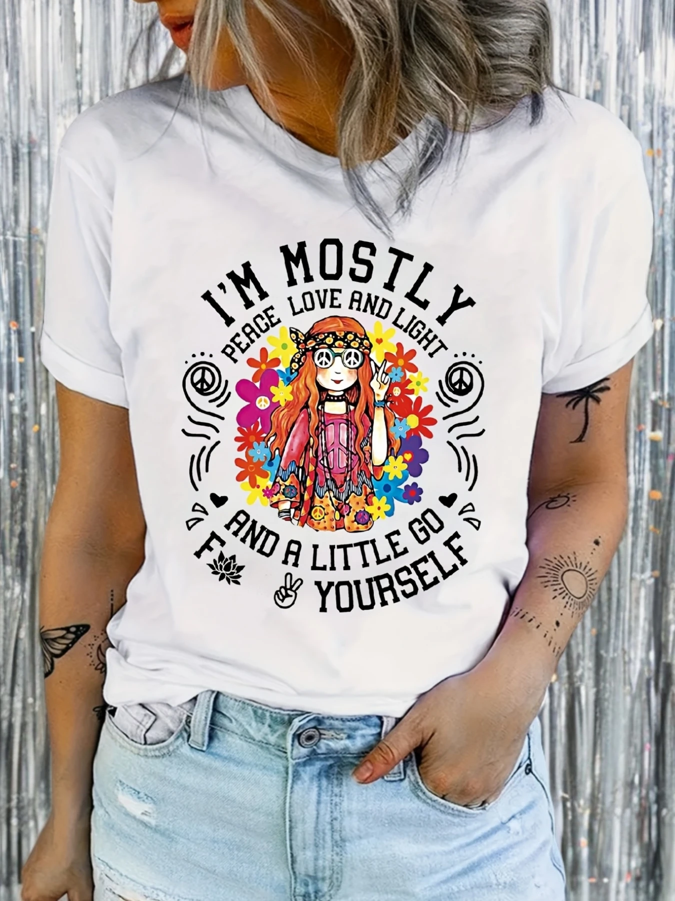 Women's Hippie Style Graphic Print T-Shirt - Short Sleeve Crew Neck Casual Top with Vibrant Floral Design,  Polyester 95% Spandex 5%, Knit Fabric, Regular Length for Spring & Summer, Summer Top | Hippie Style Tee | Polyester Blend, Hippie Clothes