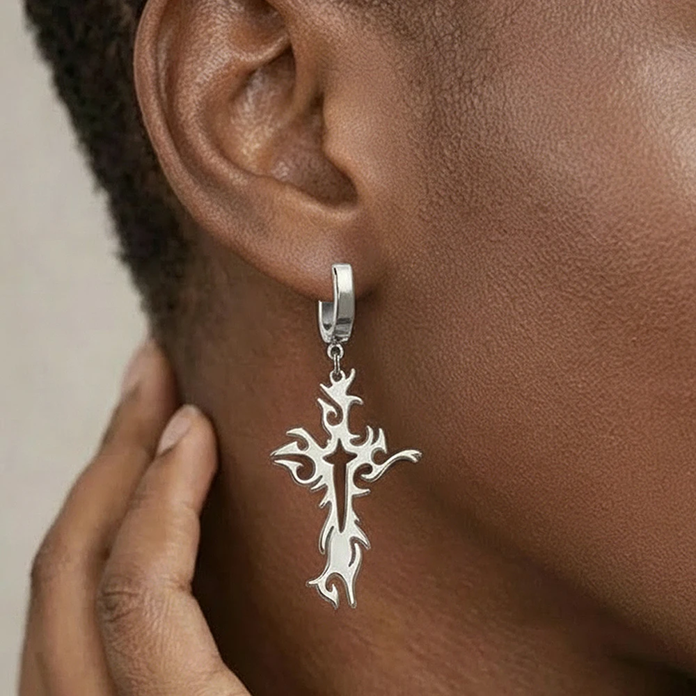 Stainless steel gold hoop earrings with flame cross pendant, punk style,unisex design, perfect for daily wear & Valentine's gift