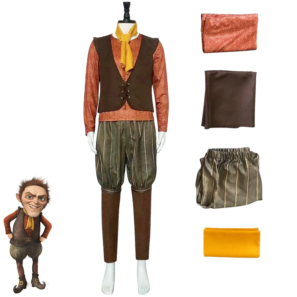 

Monster Rumpelstiltskin Cosplay Costume T Shirt Brown Vest Trousers Yellow Scraf Halloween Role Playing King Dwarf Fancy Uniform