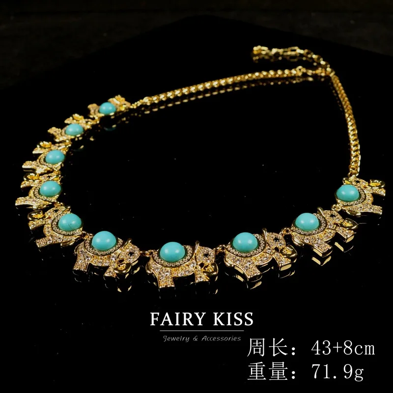 Medieval necklace stud earring turquoise copper wax inlaid zircon creative elephant design hot-selling jewelry