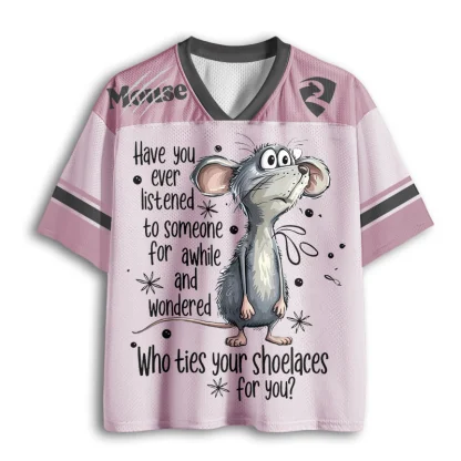 Cartoon Mouse Slogan Print Mesh Jersey V Neck Short Sleeve Casual Tee