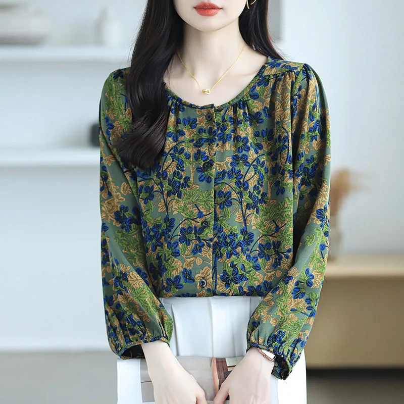 Autumn Vintage O-neck Long Sleeve Chiffon Shirt Women Clothing Casual Loose Oversized Print Blouses Office Lady Elegant Chic Top