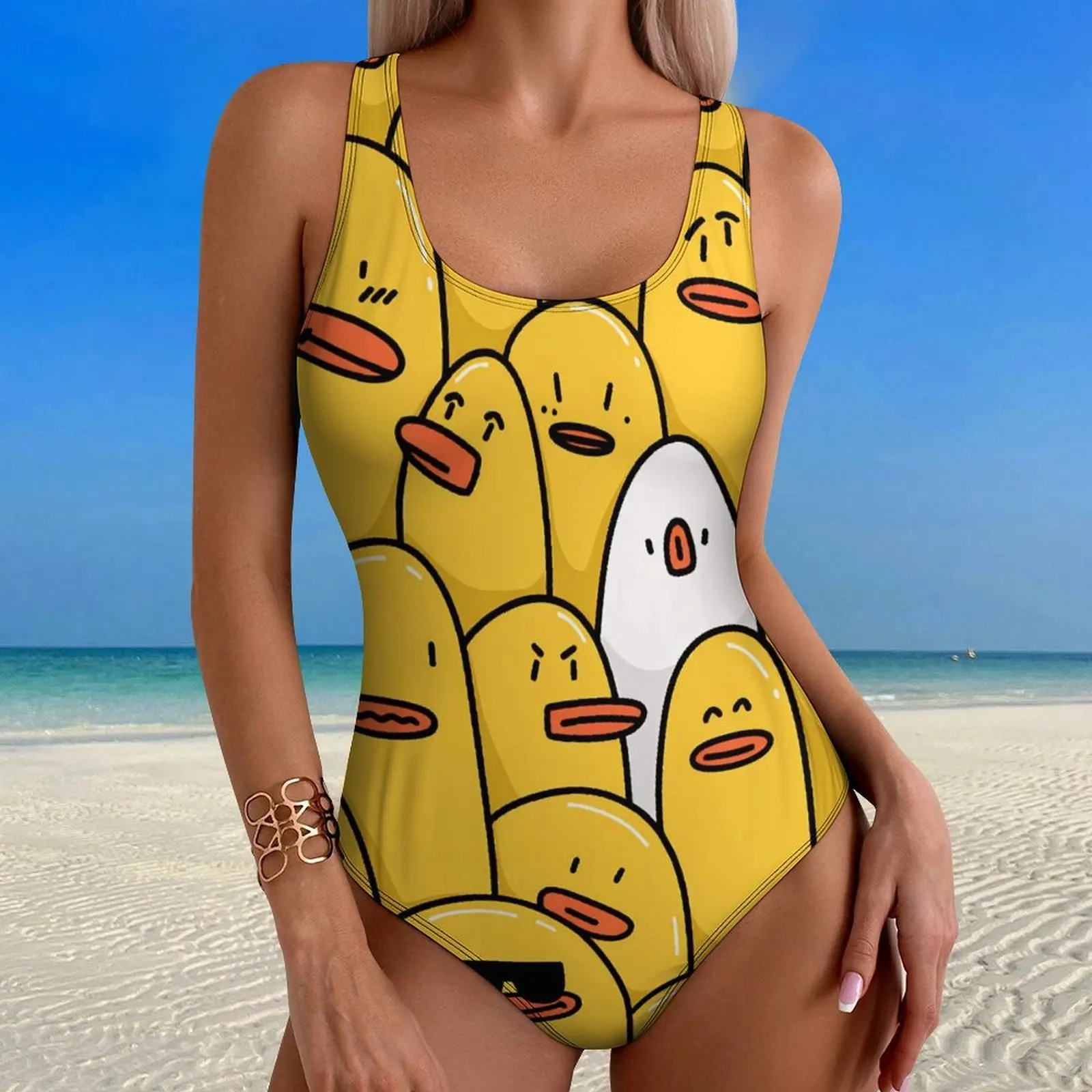 A Group Of Yellow Ducks With Glasses Swimsuit Push Up Swimwear One Piece Holiday Bathing Suit Bodysuit Sexy Pattern Beach Wear