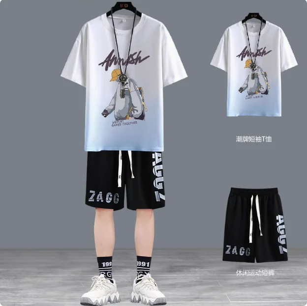 Shorts Men Suit Summer Joggers Set Korean Fashion Graphic T-shirt Multi-pocket Cargo Pants 2 Piece Set Men Tracksuits 2025 New
