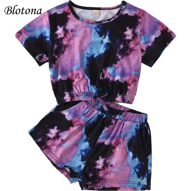 

Blotona Kids Summer Suit Set, Tie-Dye Print Round Collar Short Sleeve Pullover T-shirt + Elastic Waist Shorts for 4-9Years