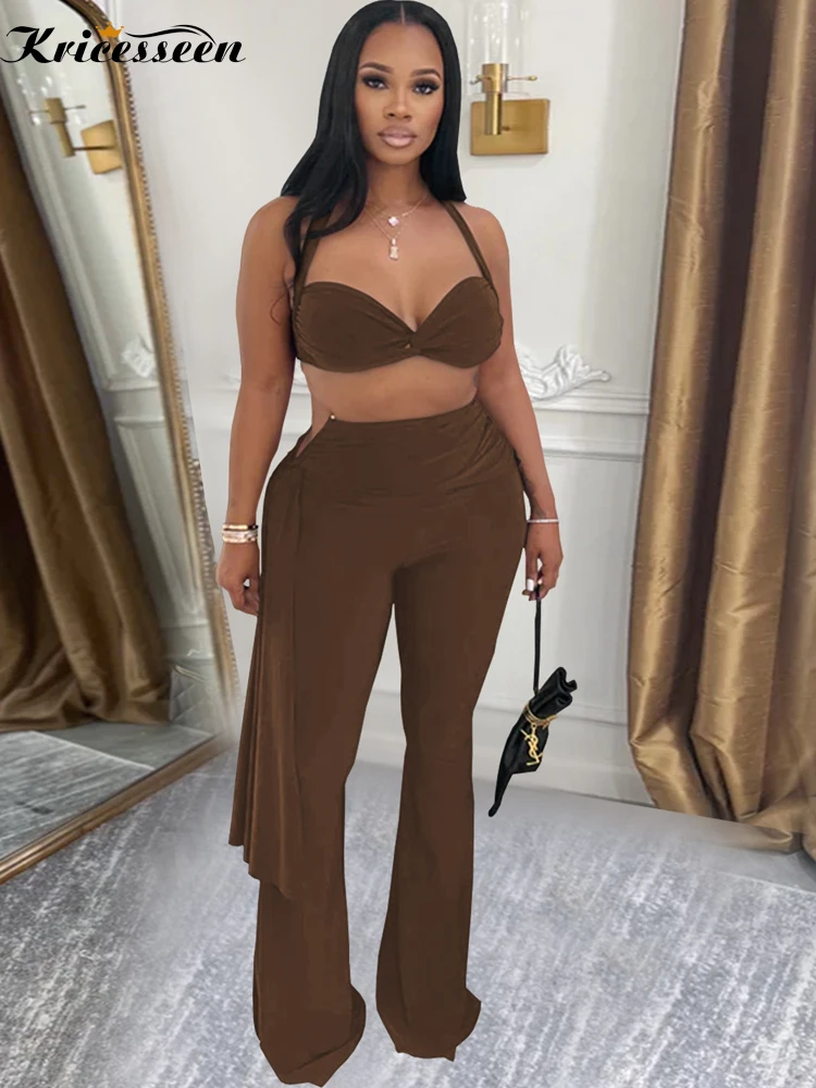 

Kricesseen спортивные женские спортивные костюмы, комплект из двух предметов, повседневный укороченный топ с закрученной передней частью и комплект брюк в тон, одежда для ночного клуба, комбинезоны