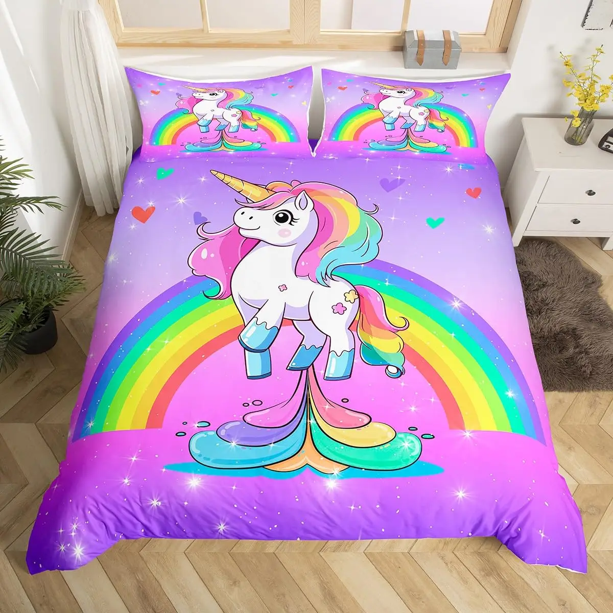 Cartoon Rainbow Unicorn Duvet Cover Magic Animal Bedding Set for Kids Boys Girls Princess Pink Starry Glitter Comforter Cover