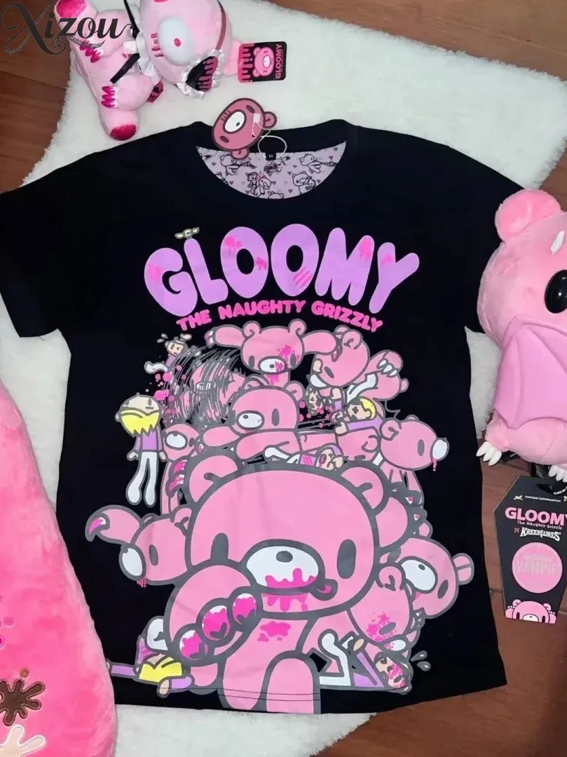 Summer Girl's Tops Japanese Style Subculture Cute Bear Graffiti Tshirt Print Sweet & Cool Short-sleeve T-shirt Kawaii Clothes