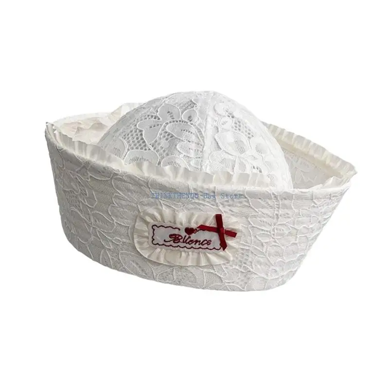340D Round Lace Cap with Floral Surfaces, Front Bows Decor and Adjustable Rear Band for Women, Girl, Anime Event Styling,