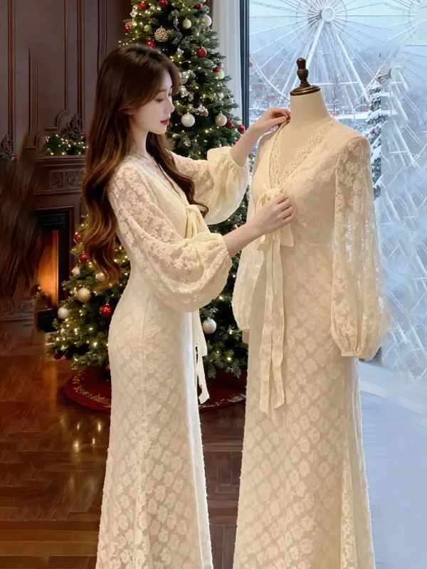 

Winter Faionable V-Ne Bodycon Long Dr Waist-Cinched Beautiful Lace H-Line Cotton Gown for Women Ci Commute Date