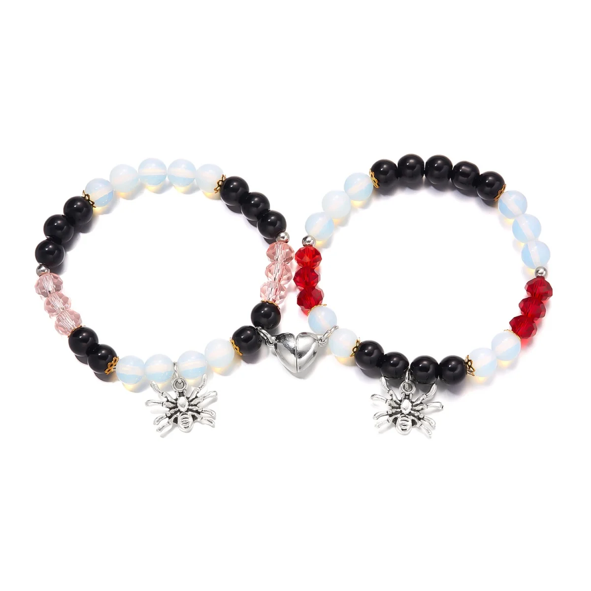 2 Teile/satz Halloween Spinne Glas Perlen Paar Armbänder Für Frauen Männer Herz Magnetische Passenden Insekt Kristall Perle Armreif Schmuck