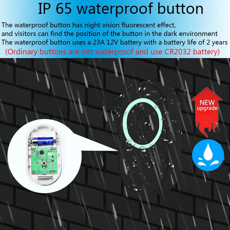 Timbre inalámbrico IP65 para exteriores, timbre de puerta inteligente para el hogar, Kit de timbre LED de visión nocturna fluorescente, alarma de