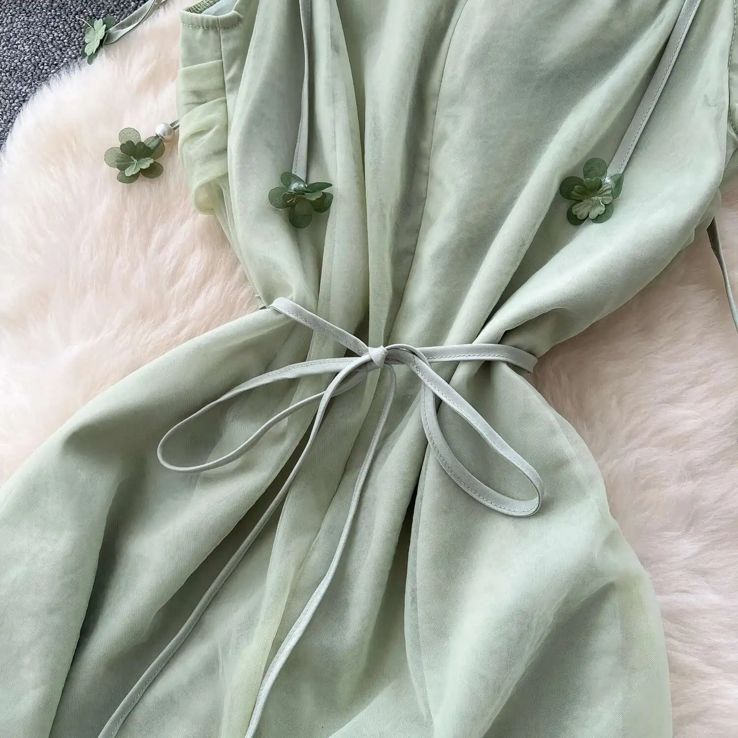 ภาษาฝรั่งเศสคําสีเขียวชุดชายหาดผู้หญิงฤดูร้อนดอกไม้สามมิติตาข่ายชุดยาวสุภาพสตรี Slim A-Line Boho ยาว Robe Vestidos