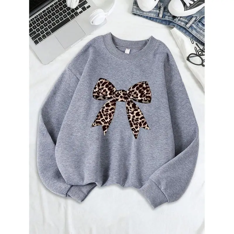 Suda con Estampado de Leopardo para Mujer, Cuello Redondo, Detalle de Lazo en la Capucha, Estilo Cleanfit, Ropa de Abrigo...