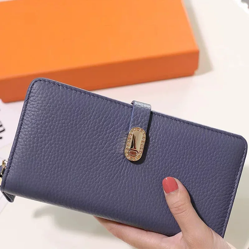 Lady Custom Name Elegant Luxury Long Wallet Large Capacity Versatile Card Holder Cowhide Phone Metal Button Fashion Clutch Purse