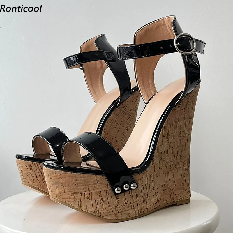 

Ronticool Handmade Women Summer Sandals Glossy Wedges High Heels Round Toe Nice Black Casual Shoes Ladies US Plus Size 5-20
