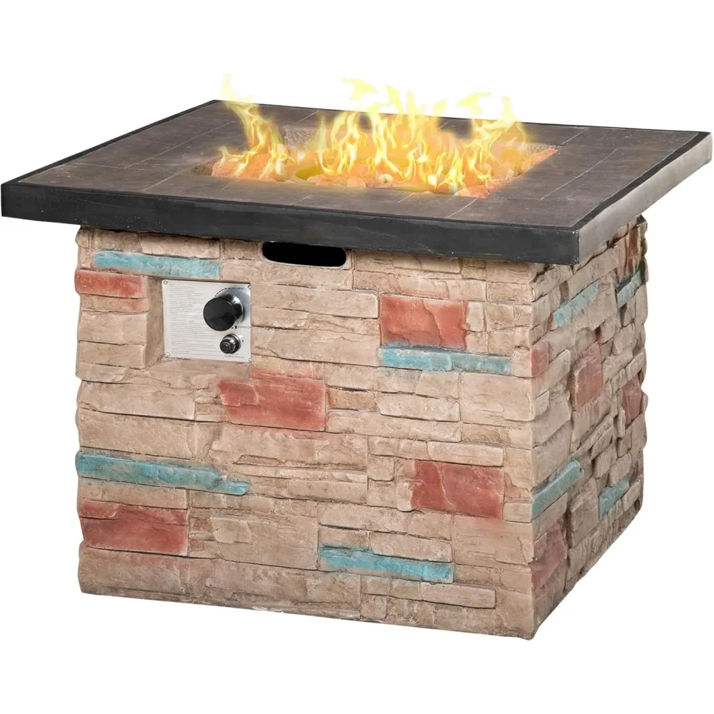 32 Inch Outdoor Fire Pit Table, Auto-Ignition Faux Ledge Stone Gas Firepit with Lava Rocks and Rain Cover, Fire Pit Outdoor