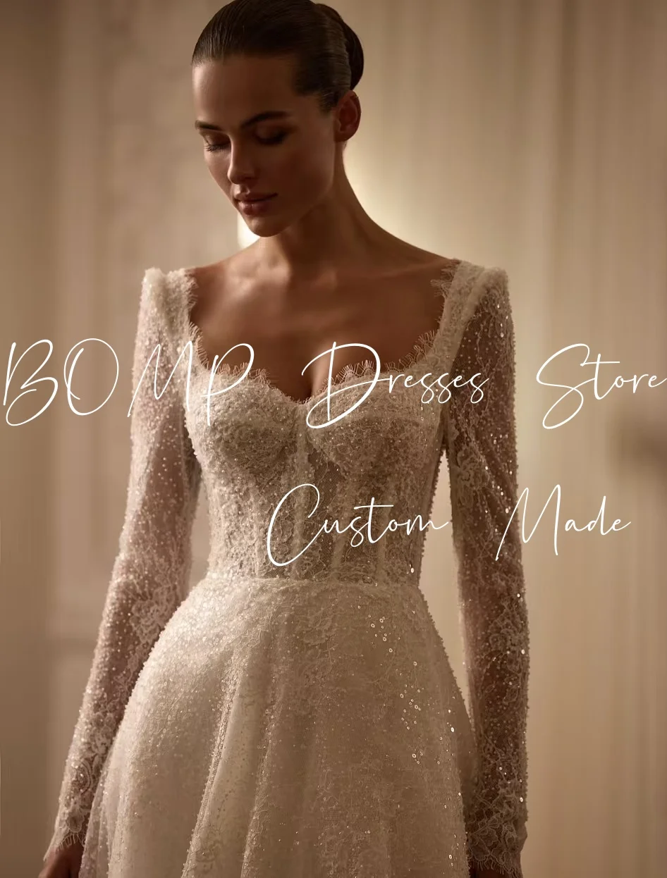 Bomp requintado vestido de casamento lantejoulas querida mangas de renda completa drapeado a linha trem varredura vestido de noiva personalizado robe de mariée