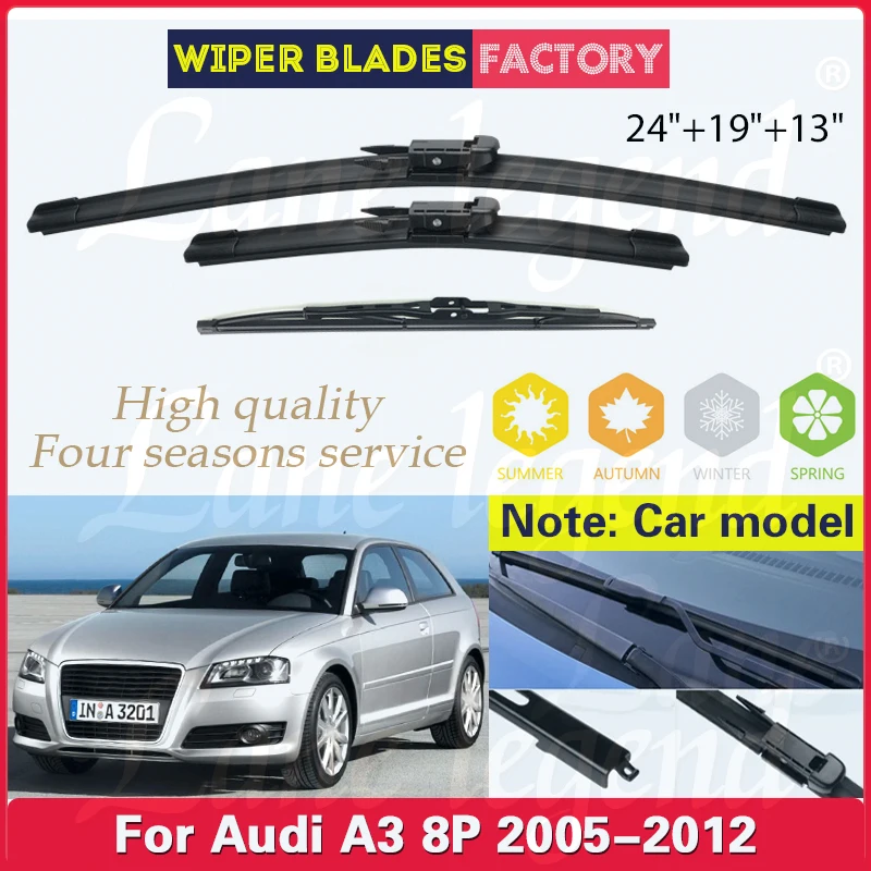 

For Audi A3 8P 2005 2006 2007 2008 2009 2010 2011 2012 Front Rear Wiper Blades Windshield Windscreen Car Accessories 24"+19"+13"