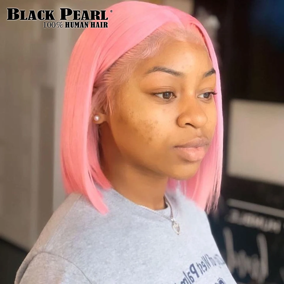 Perruque Bob Lace Front Wig naturelle sans colle, cheveux courts, rose, pre-plucked, transparente, pour femmes